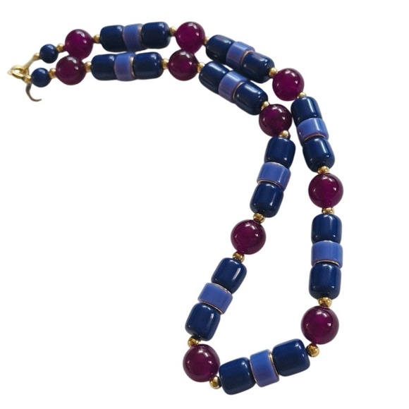 Trifari Signed Necklace VTG Collar RETRO Blue Purple Lucite Beaded 90S Gold 18" - Picture 4 of 7